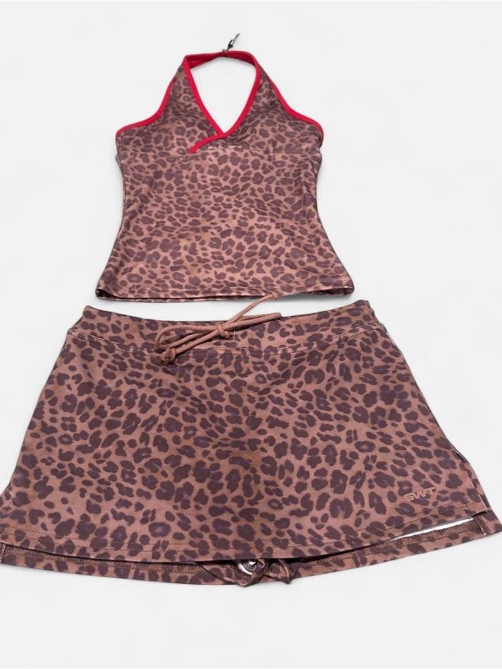 Leopard-Print Halter Tankini Top & Skirt Set - Brown with Pink Trim